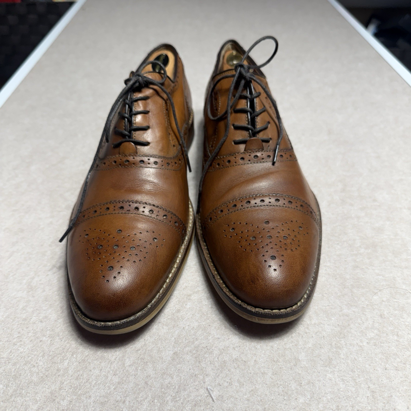 Aston Grey Kobe Brogue Cap Toe Oxfords Cognac Tan Leather Mens Shoes Size 11