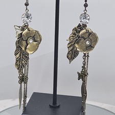 Boho Flower Tassel Dangle Earrings Gold Tone Leaf Butterfly Rhinestone Long