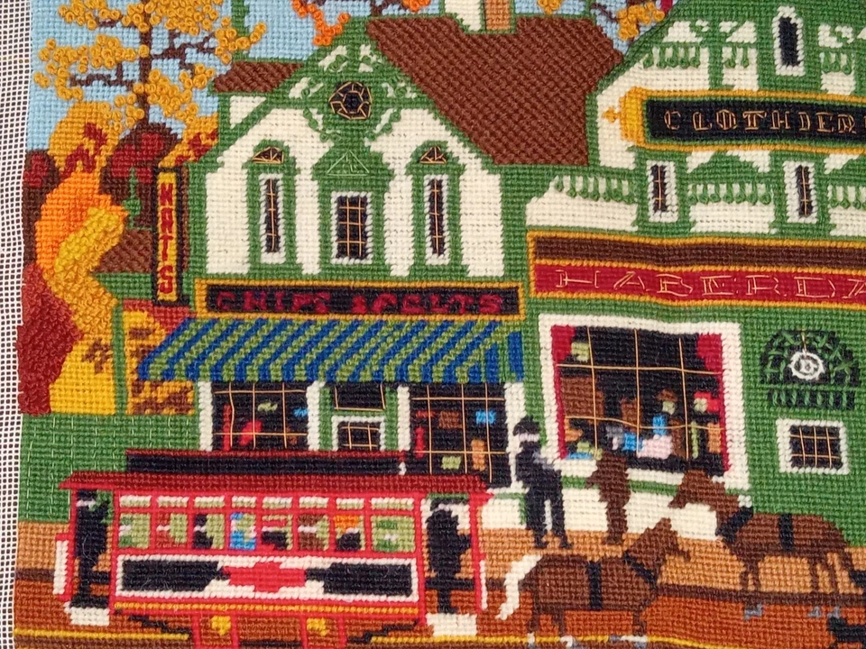 Vtg #2172 Dimensions 1981 Village Shopping Cross Stitch Ready To Frame 18 x 14 - Image 2 of 4