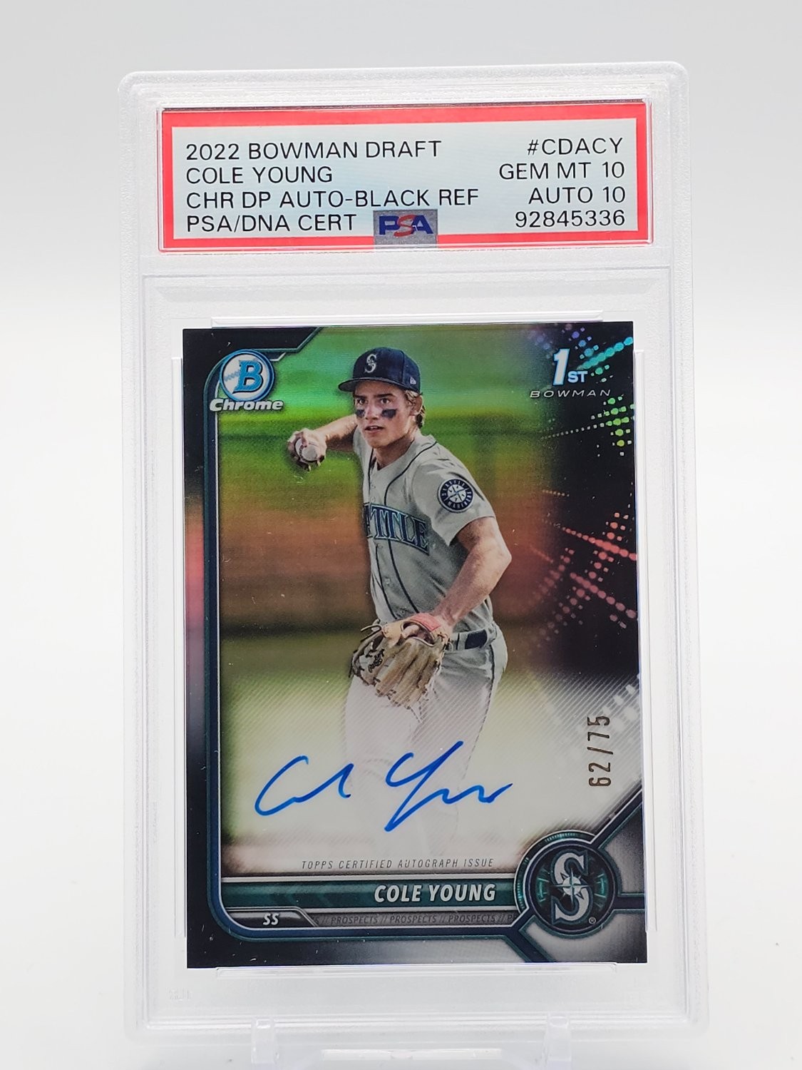 COLE YOUNG 2022 BOWMAN CHROME DRAFT BLACK REFRACTOR 1ST AUTO /75 PSA 10 Q6438 view 1