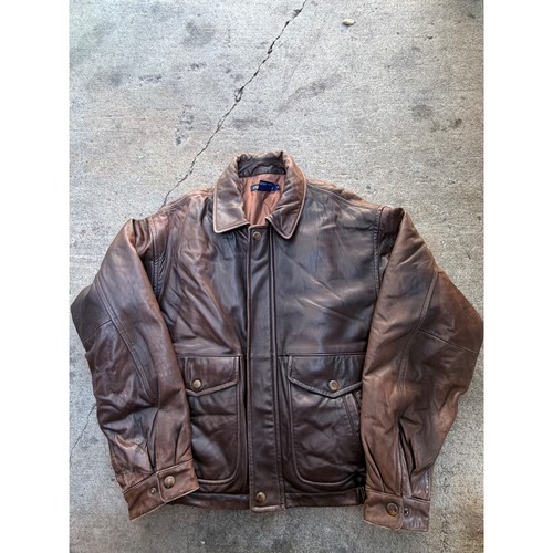 Nautica, Nautica Mens Brown Genuine Leather Bomber Jacket Quilted Lined Size 44 Vintage