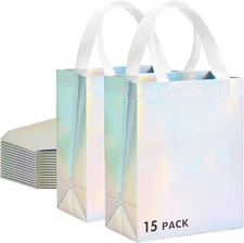RACETOP 15 Pcs Iridescent Glossy Gift Bags Medium Size, 8x4x10 Inch Holographic