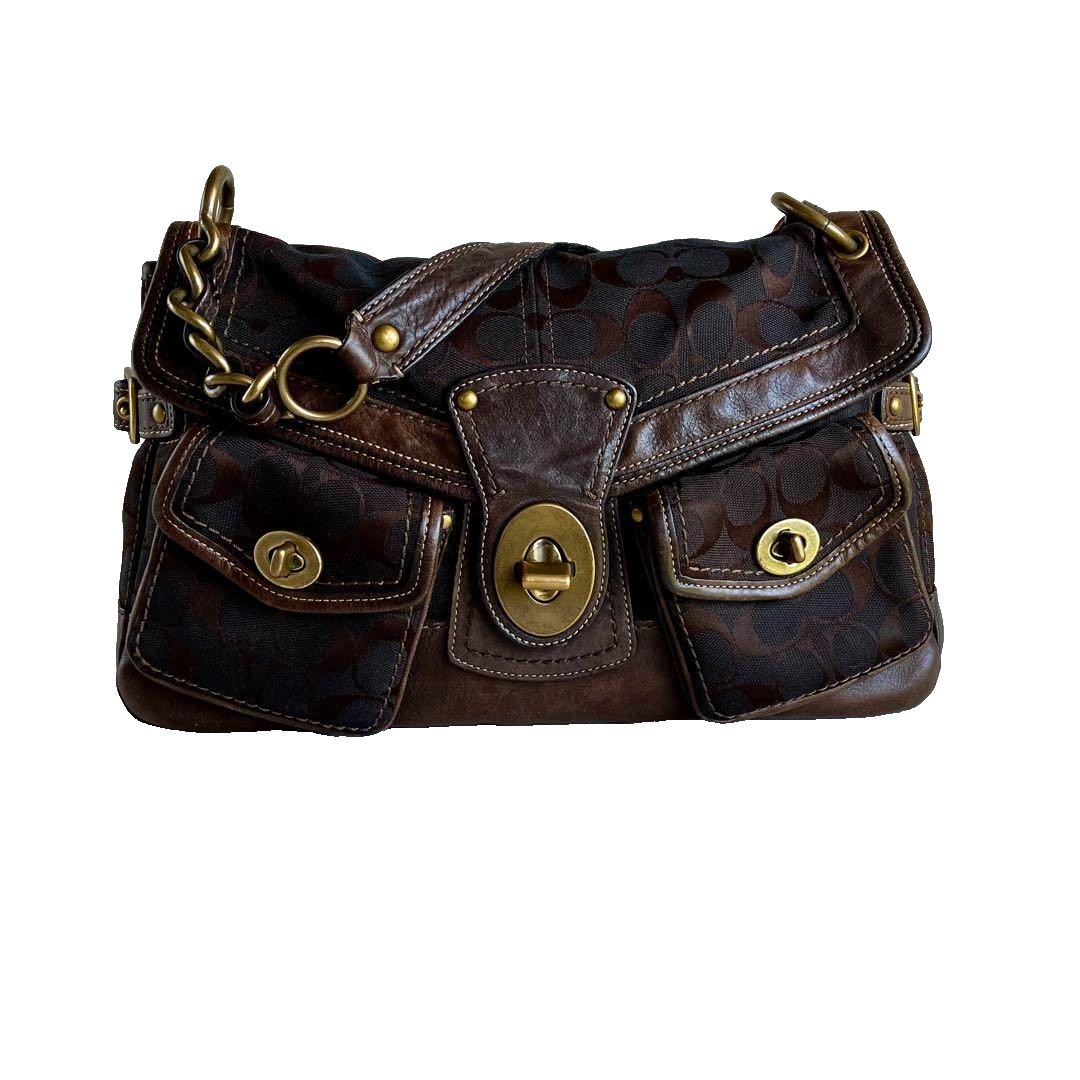 バッグ COACH Turn Lock Legacy Shoulder Bag Y2K Coach Legacy Turnlock Shoulder Bag Black Gold Leather Canvas