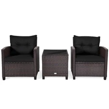 Patiojoy 3PCS Wicker Cushioned Conversation Set Outdoor Rattan Furniture W/