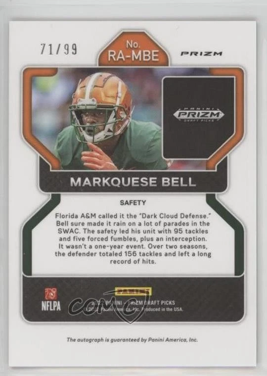 2023 Panini Prizm Draft Picks 2022 Update Purple Ice /99 Markquese Bell Auto - Image 2 of 2