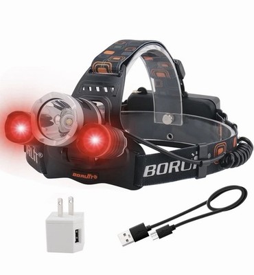 BORUIT Rechargeable 3 LED Headlamp w/ 2x 18650 Batteries Camping Hiking New