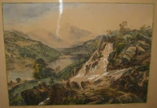 Radiant Glowing Waterfall Landscape with Fishermen 14" x 19" Watercolor Unsigned