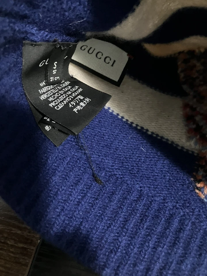 Gucci Gorro Tejido Lana Rayas Azul/Blanco con Cabeza de Tigre M/58 500929 4278 Foto 3 de 4