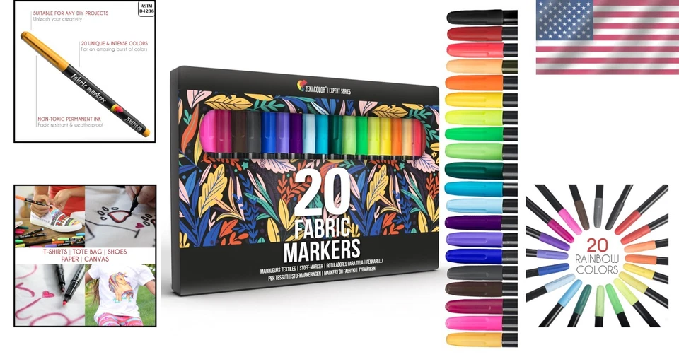 Juego de 20 marcadores de tela de secado rápido - Punta fina indeleble para textiles y lona Foto 2 de 4