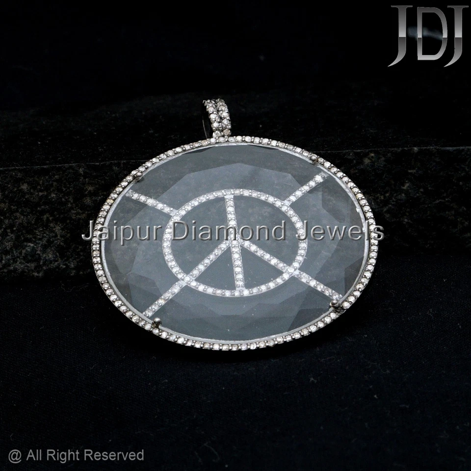 PEACE Sign Charm Natural Pave Diamond Crystal Gemstone 925 Silver Unisex Pendant - Image 4 of 4