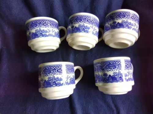 Vintage Royal China USA Blue Willow Ware Stacking Coffee Cups Set of 5