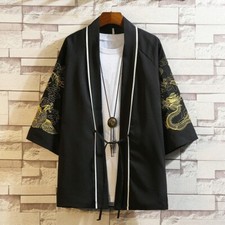Uomo Giapponese Kimono Giacca Dragon Stampa Cardigan Largo Cappotto Top Ricamato