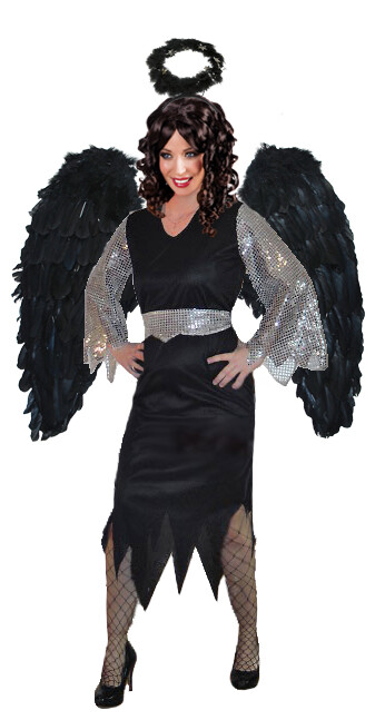 Schwarzer Engel Kostüm Damen – 7-teiliges Halloween Set In Einheitsgröße, Inkl. Flügel, Halo & Maske