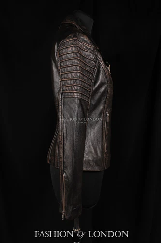 Ladies JENNER Biker Fitted Jacket Black Washed Vintage Look Soft Leather Jacket - Picture 5 of 13