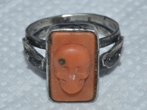 ANTIQUE NATURAL UNDYED SALMON CORAL RING SILVER 84 cameo memento mori skull vtg