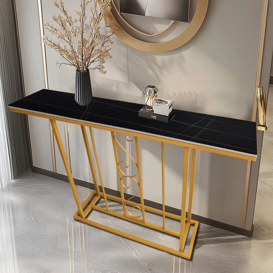 Large Sintered Stone Metal Golden Frame Console Table Hallway Entrance Furniture - Image 3 of 4