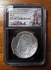 2019 P $1 Silver Apollo 11 50th Anniversary NGC MS70 FDOI Charlie Duke Signature