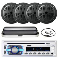 Pyle SD USB Bluetooth Boat Radio, Cover, Radio Antenna, 4" Black 100W Speakers