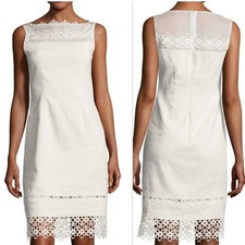 Elie Tahari Women's Cream Linen Strip with Silk Lace Accent Sheath Dress Size 14