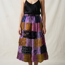 90s Vinage Boho Stonewashed Patchwork Ethnic Print Crinkled Tiered Long Skirt