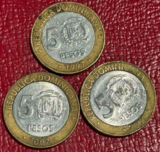 LOT 3 DOMINICAN REPUBLIC BIMETAL 5 PESOS COINS-1997,(2) 2002-DEC773