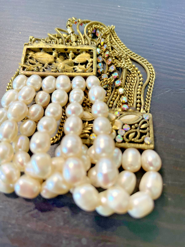 Vintage 6 strands fresh water cultured pearl with floral crystal clasp bracelet