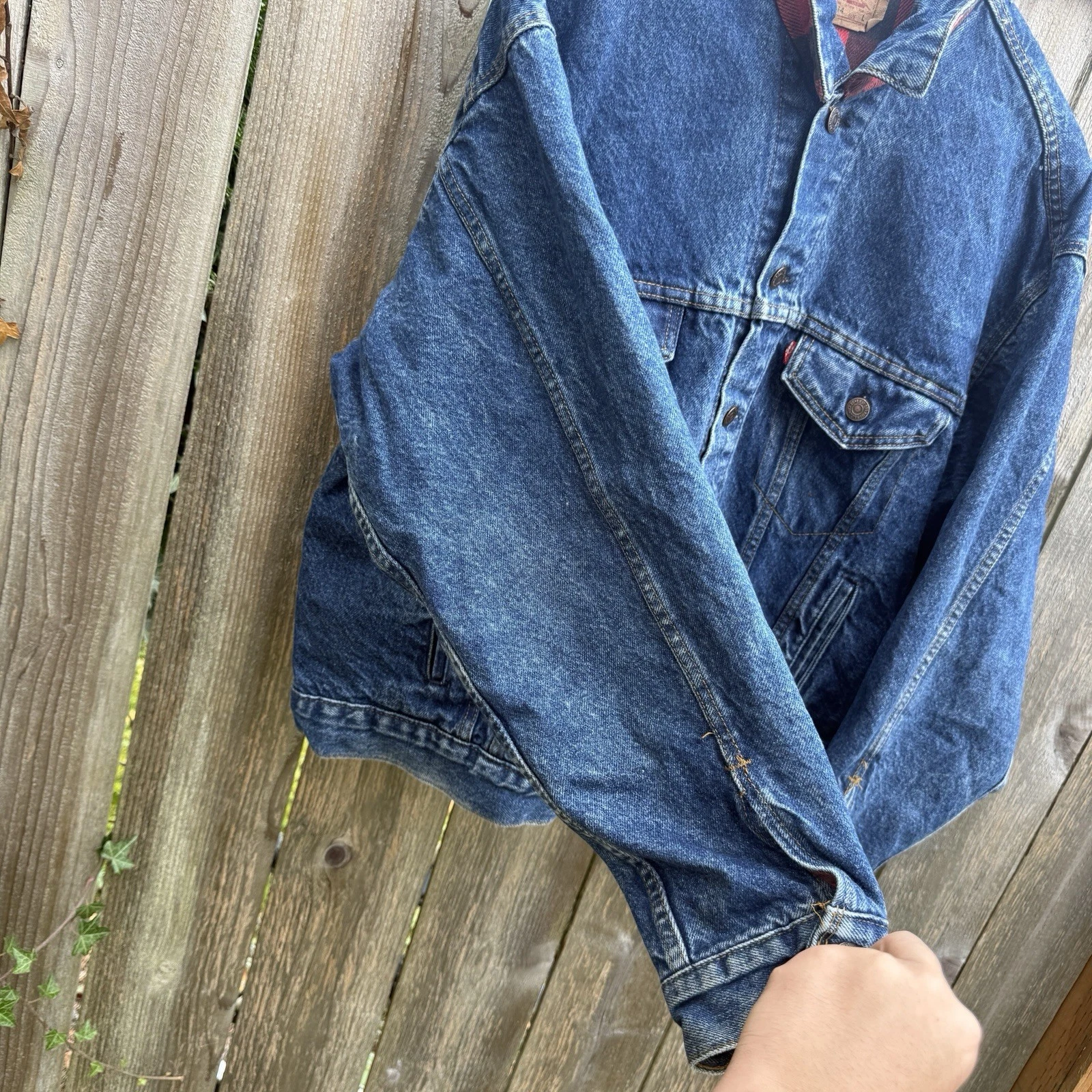 vintage 80s levis 70417 0814 buffalo plaid lined denim trucker jacket large image 4