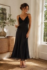 NWT Womens Large Elegant Black Dress Rosette Bust Open Back Romantic Eveningwear