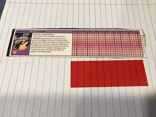 Original TRANSFORMERS G1 LASERBEAK Tech Spec Card VINTAGE Bio/Stats CUT-OUT