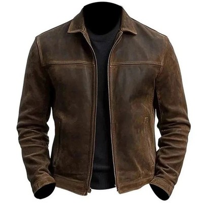 Men's Distressed Brown Leather Cafe Racer Jacket Vintage Biker Motorcycle Coat