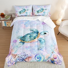 Coastal Bedding Sea Turtle Comforter Set Twin Size,Mermaid Scale Coral Patter...