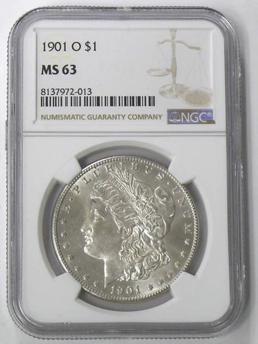 1901-O MS-63 BETTER DATE MORGAN SILVER DOLLAR - BLACK SPOT ON BROW, NGC GRADED
