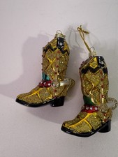 Kurt Adler Noble Gems Gold Cowboy Boot Glass Hand Blown Christmas 2 Ornaments 4"