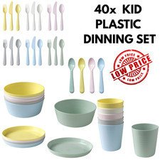 40x Kids Colourful Plastic Tableware Set – Plates, Bowls, Mugs, Spoons & Cutlery