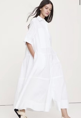 banana republic white cotton dress Banana Republic Women's Stretch-Cotton Pleated Maxi Dress Magnolia Flower Ivory Size XL