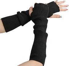 Soft Women Arm Warmer, Winter Long Fingerless Gloves with Thumb Hole, Black