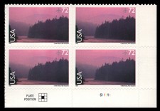 US Scott # C144, 13 Mile Woods, NH, Plate Block of 2008 72¢ Airmail Stamps, MNH