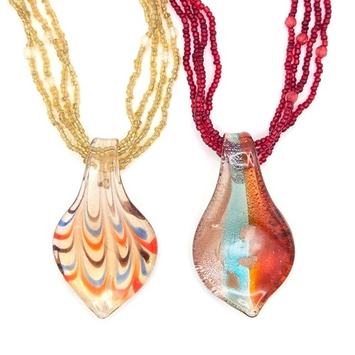 Two Murano Style Artisan Glass Pendant Necklaces on 4-Strand Glass Beaded Chains