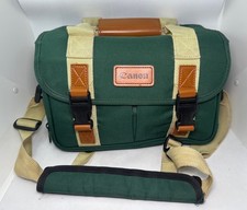 Vintage Canon Camera Bag Green Canvas Leather Trim Strap 12 x 9 x 7 Padded Case