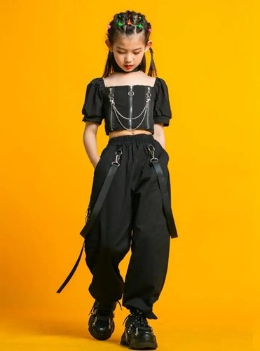 Kids Punk Hip Hop Square Neck Puff Sleeve Crop T Shirt Pleated Mesh Skirt Pant - Bild 9 von 21