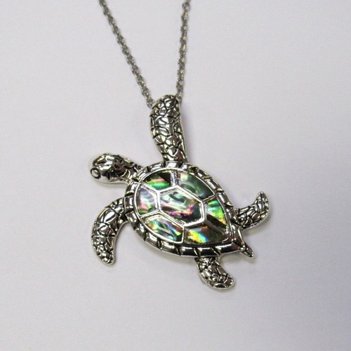 Silver Plated Abalone Shell Turtle Charm Necklace Set Pendant & Earrings #347 - Picture 2 of 5