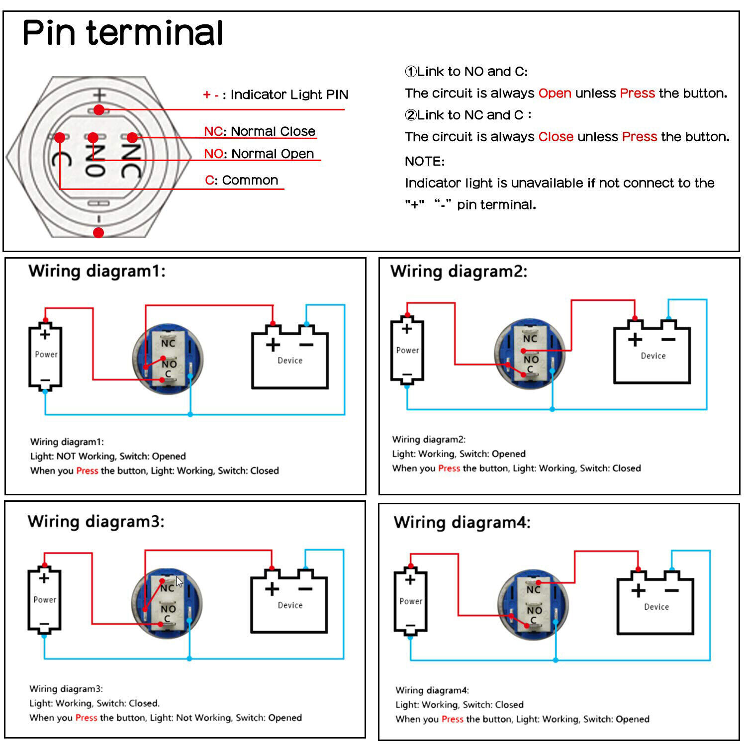 19mm 12V LED ON OFF Push Button Power Switch Latching with Wire Socket HarnessUS