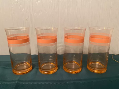 Rare Set of 4 Vintage Libbey Pink/Peach  w/ Stripes 6” Tumblers Glasses