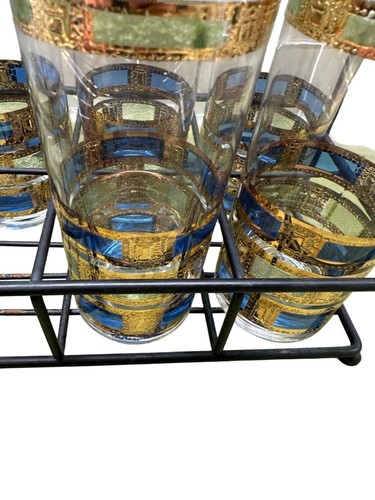 6 MCM Culver Empress Highball Glass Set 22K Gold Trim Caddy Table Top Decor Bar - Picture 7 of 16