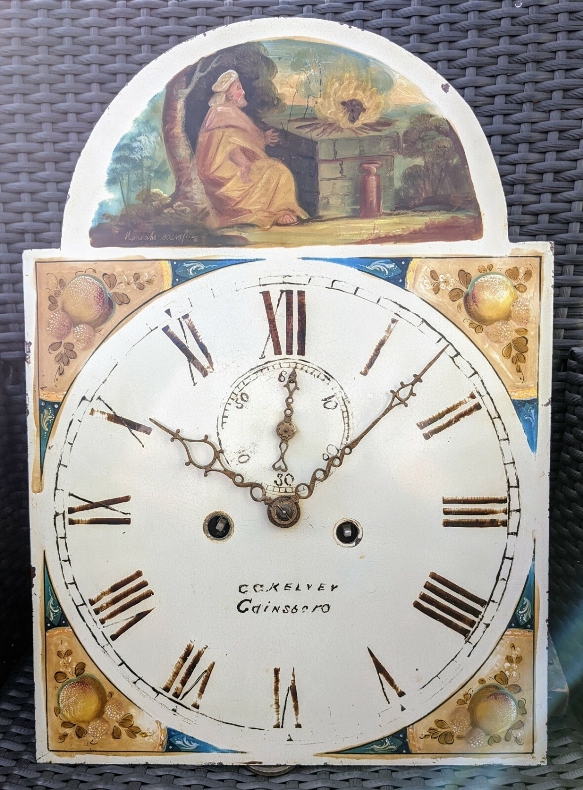 ANTIQUE LONG CASE CLOCK ENAMEL DIAL, MOVEMENT, WEIGHTS & PENDULUM