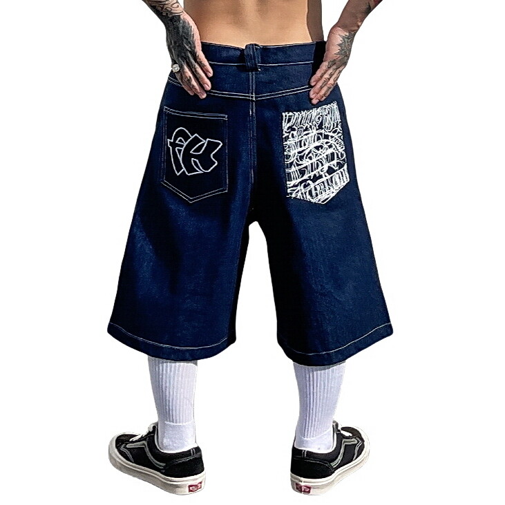 Mens Chicano Shorts Knee-Length Denim Pants Loose West Coast Gangsta Style  Jeans