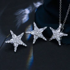 Trendy CZ Women Lucky Star Pure 925 Sterling Silver Earring Necklace Jewelry Set