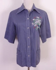 vintage 60s 70s Laura Mae Embroidered H Floral Chambray Shirt Top SZ 38