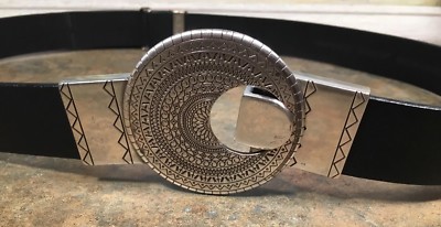 CHICOS Black Leather Belt Silver Plated Buckle Adjustable