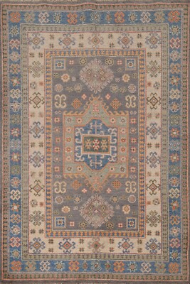 Geometric Gray/ Blue Super Kazak Oriental Hand-knotted Area Rug Carpet 4x6 ft.